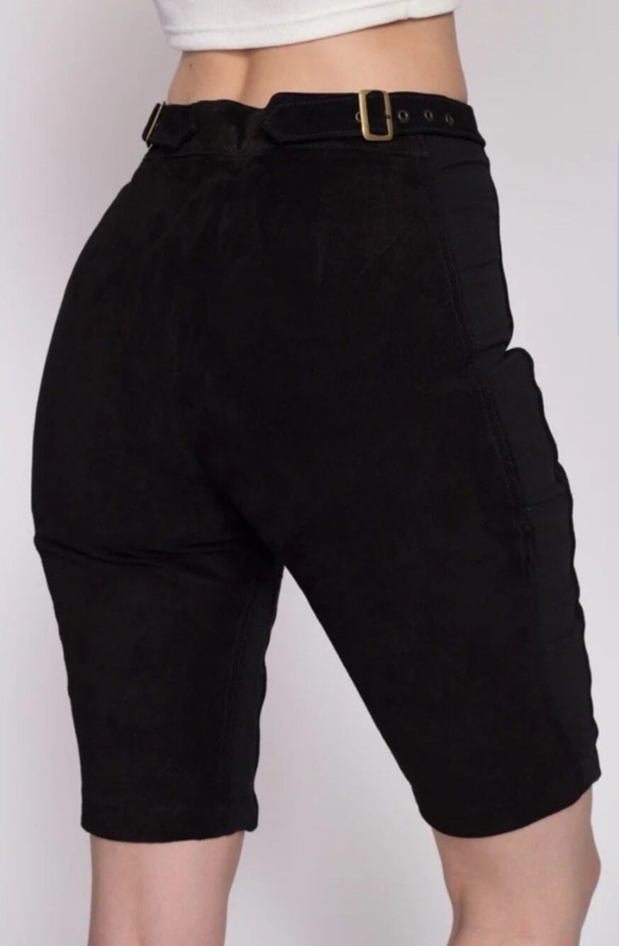 Sz Small ❤️ Genuine Suede Bermuda Black Shorts Side Cotton Stripe Stretch Korea